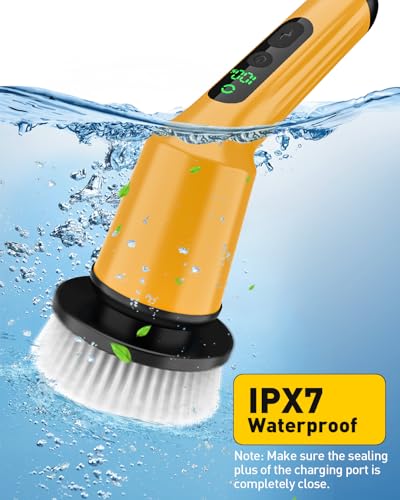 Image of Electric Spin Scrubber for Cleaning Bathroom, Shower Scrubber Cordless Cleaning Brush with IPX7 Waterproof & 2 Speed, 3 Floor Machine Pads, Bathroom Cleaning Supplies for Shower Tub Yellow