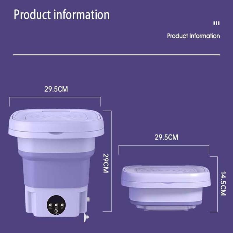Diagram showing the dimensions of the PUCHEN 8L Portable Mini Foldable Washing Machine in both unfolded (29.5cm x 29cm) and folded (29.5cm x 14.5cm) states.