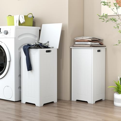 HOMASIS Cubo para la colada de 35 l/28 l, cesto para la colada con tapa de madera, cesta para la ropa sucia, ahorra espacio para la colada, 30 x 30 x 61 cm, blanco (modelo 2, con bolsillo) - imagen 2