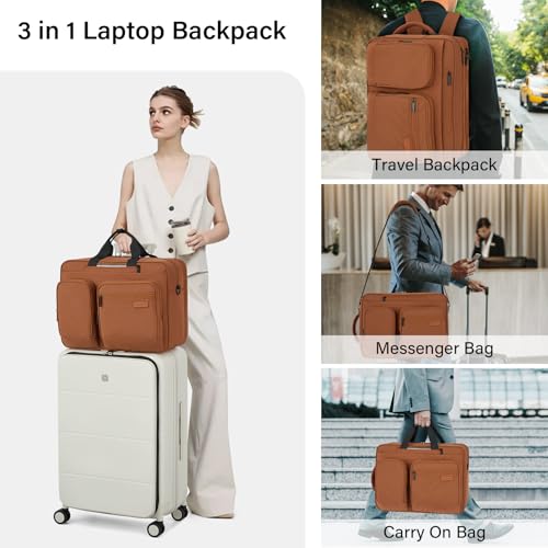 Hanke Convertible Laptop Bag, 3 In 1 Briefcase Backpack for 17.3 Inch Laptop, Computer Work Bag for Men Women, Water Resistant Business Messenger Shoulder Bag for Office Commute Travel, Brown - image 4