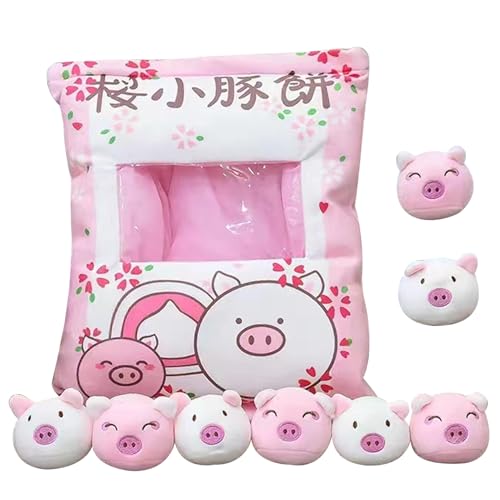 Oreiller en peluche pudding amovible avec 8 mini cochons roses de 48 cm