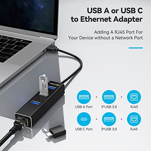Tecknet Usb To Ethernet Adapter, Usb C To Ethernet, Aluminum 3 Port Usb 3.0 Hub With Rj45 10/100/1000 Gigabit Ethernet Adapter Converter Lan Wired, Usb Network Adapter With Usb C Adapter For Laptop #TOP1