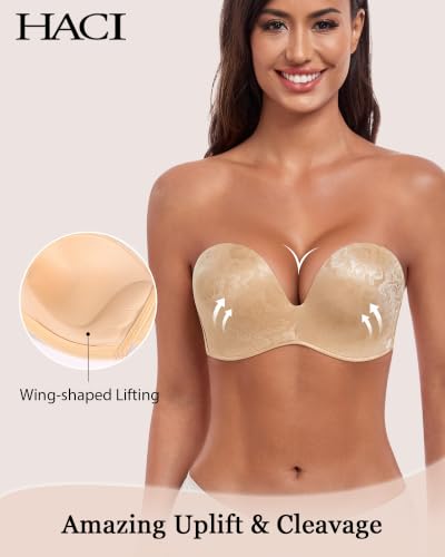 Image of HACI Push Up Strapless Bra for Women Anti-Slip Padded Wireless Stay Put