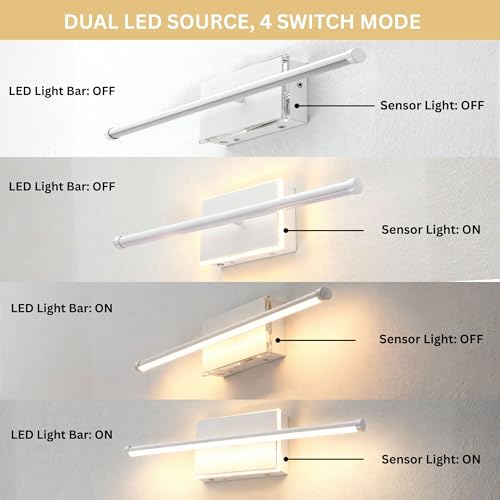 Image of 20-Inch Smart LED Vanity Light Bar | Dual Light Source (10W Main /3W Motion Sensor) | 4 Switch Modes (Incl. Night Light) | 3000K, 1040LM, CRI 90+, Dimmable, ETL (Matte White)