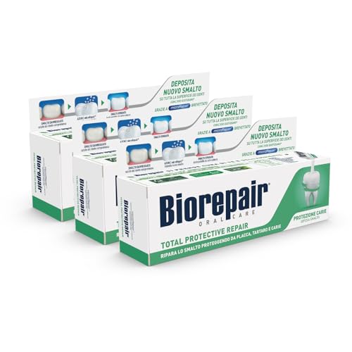 Biorepair, Total Protective Repair - Pasta de dientes reparadora de esmalte de uñas, antiincrustante, antiplaca, aliento fresco, sin flúor, 3 paquetes de 75 ml