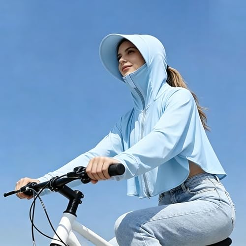 Image of Womens Sunscreen Hoodie Jacket /Shirt UPF 50+ UV Protection from Sun & Pollution with Wide Brim Hat Face Mask Lightweight Full Zip for Outdoor Running Hiking