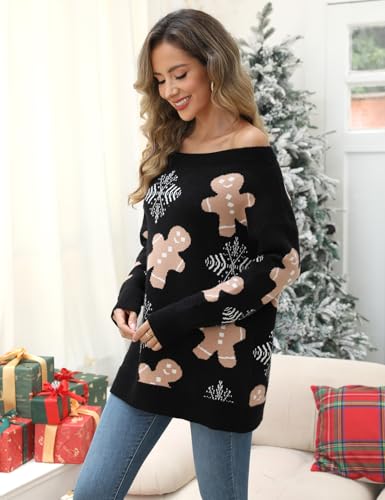Image of VIMPUNEC Womens Christmas Off The Shoulder Sweater Oversized Pullover Sweaters Cable Knit Chunky Tops Christmas Black M