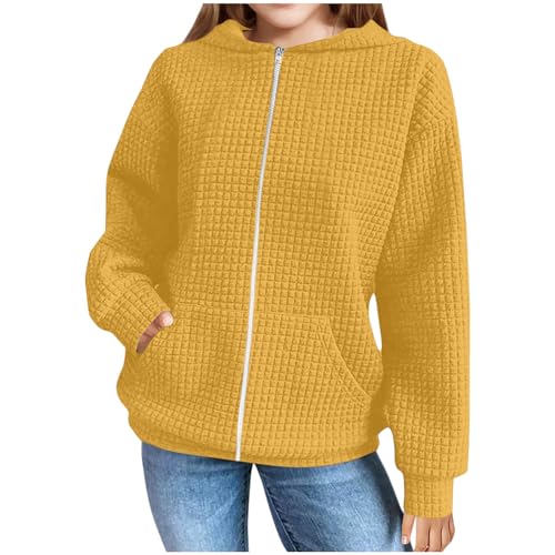 Girls Zip Up Hoodies Teen Waffle Knit Full-Zip Sweatshirts Jacket Casual Fall Long Sleeve Coat with Pocket 5-14 Years2