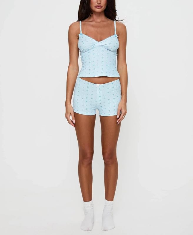 Image of Womens Y2K Cute Print Cami Pajama Sets Lace Trim V Neck Tank Top Shorts Set Bow Heart Print 2 Piece Sleepwear