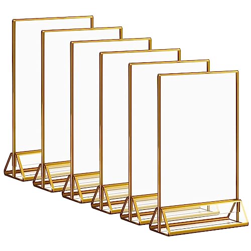 Image of Climberty 6Pcs Acrylic Gold Sign Holders, 5.9x8.2 inch Clear Picture Frames with Gold Borders and Vertical Stand, Double Sided Table Menu Display Stand for Restaurant Signs, Wedding Table and Photos