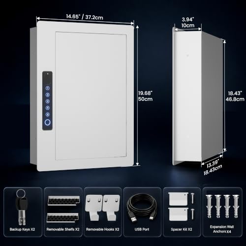 Image of Grimtron Biometric Wall Safe Between 16 inch Studs with Shelves & Hooks, White