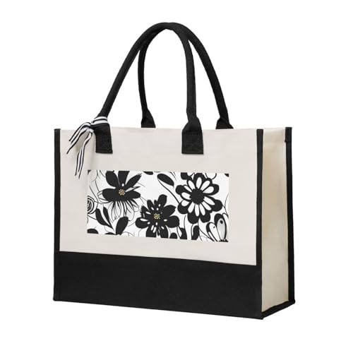 Sac fourre-tout en toile pour femme beige avec imprimé fleurs noires et blanches taille unique