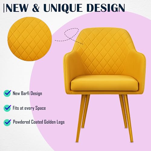 Image of Set of 2 Accent Chair for Living Room | Modern Armchair in Soft Velvet Fabric with Sturdy Legs | Premium Chair for Home Living Room Bedroom Restaurent | (Gold Legs, Yellow Burfi Design)