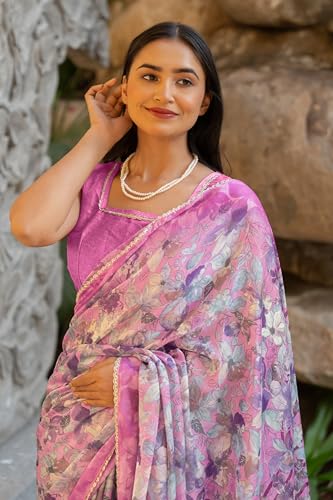 Image of MIRCHI FASHION Women Saree Floral Print Chiffon | Lightweight Festive Occasion Sari for Farewell and Functions with Unstitched Blouse Piece