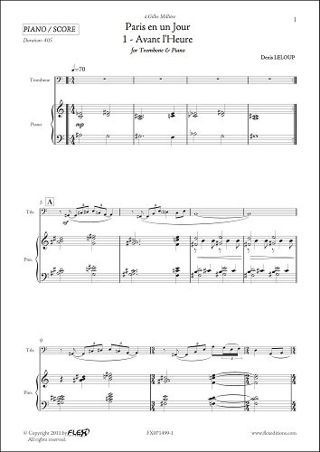 PARTITION CLASSIQUE - Paris en un Jour - 1 - Avant l'Heure - D. LELOUP - Trombone & Piano