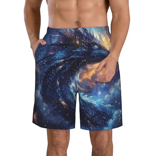 Men's Quick Dry Swim Shorts Dragon Clouds Stars Night Sky Fantasy Art Vintage Beach Trunks with Pockets