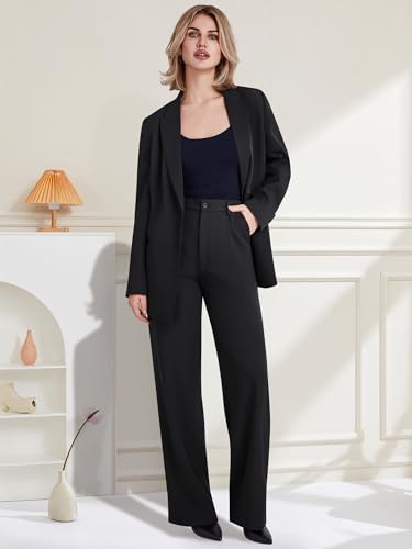 Women's 2 Piece Suit Two Button Business Casual Office Work Outfits Dressy Blazer Wide Leg Pants Set Black3