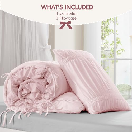 Image of Intelligent Design Ruched Shabby Chic Pink Twin XL Comforter Set, 2pc | Back to School Girls Dorm Bedding Set, French Country, All Season Down Alternative, Cozy, Machine Washable, Lightweight