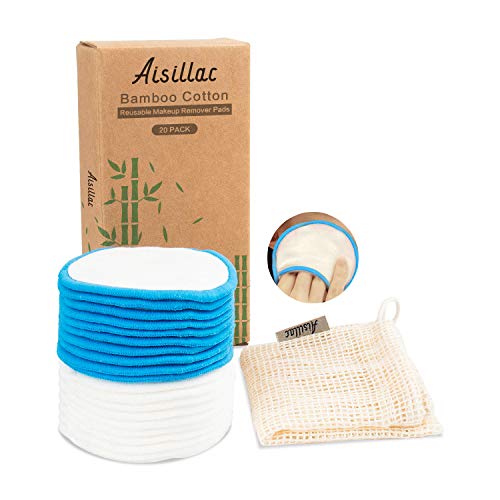 Aisillac 20Pcs Reusable Cotton Rounds, 3.15inch Makeup Remover Pads Organic Bamboo Cotton Pads 3 Layers Zero Waste Washable Facial Cleansing Cosmetic Removal Wipe Cloth for Face Eye with Laundry Pouch