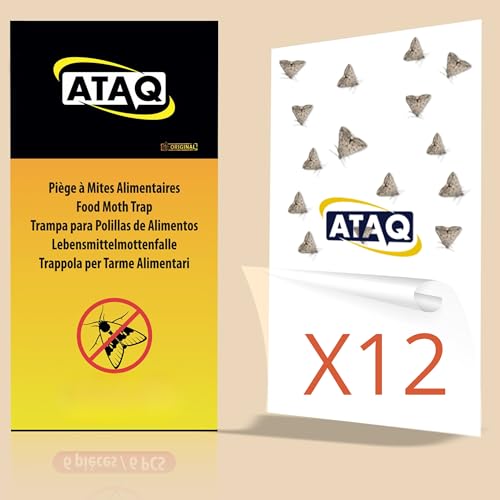 ATAQ – Pack de 12 trampas para polillas de alimentos – Trampa antipolillas adhesivo de feromonas con pegamento de alto rendimiento contra la infestación de las polillas en la cocina, protege los