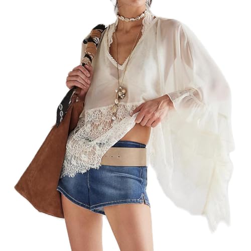 Women's Sheer Poncho Top Y2K Batwing Sleeve Loose Fit See-through Mesh Cape Shirt Cover-up Sexy Lace Floral Blouses