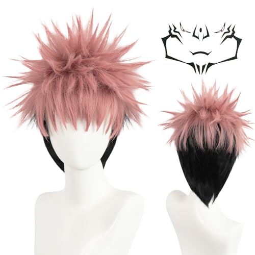BESTBEL Short Pink and Black Spiky Wig Pink Mixed Black Cosply Wig for Men