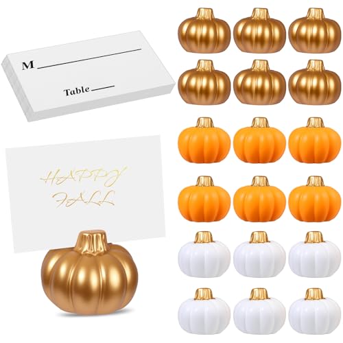 18 Set Thanksgiving Table Decor Fall Pumpkin Place Card Holder Thanksgiving Mini Pumpkin Setting Decor Resin Fall Holder with Mini Pumpkin Name Card for Harvest Weddings Photo Picture Table Centerpiece