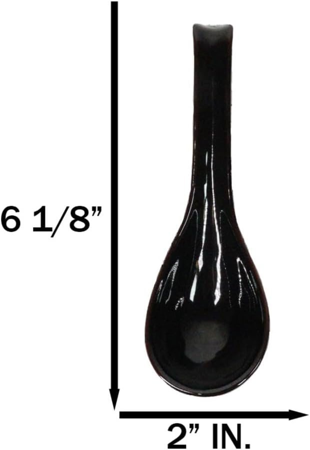 Ebros Japanese Contemporary Colorful Glossy Porcelain Soup Spoons With Ladle Hook Pack Of 6 Set Eating Spoon For Asian Kitchen Dining Dessert Soups Restaurant Supply Dishwasher Safe (Black)