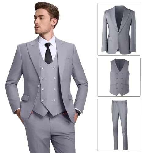 Image of Mens Suit Slim Fit 3 Piece Double Breasted Suit Men Formal Tuxedo Set Casual Wedding Prom Groom Suits