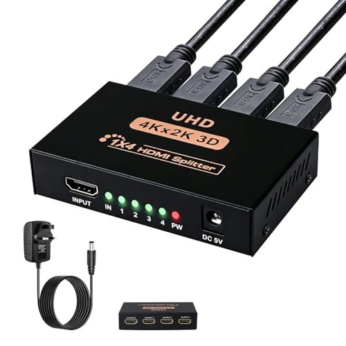 Image of HDMI Splitter 1 in 4 Out, 4 Way HDMI Splitter 4K for 4 Displays Mirror Only Distribution Amplifier Adapter for PC Laptop TV Projector 1 Input 4 Outputs with USB Power for Home Office Retail Use