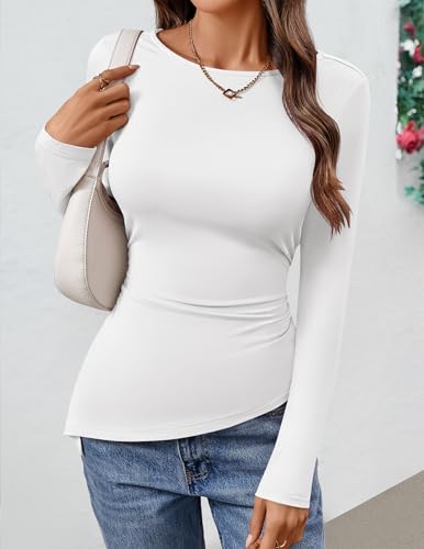 Image of ZESICA Womens Floral Long Sleeve Shirts 2026 Spring Boat Neck Mesh Ruched Tops Fitted Asymmetrical Going Out Blouses