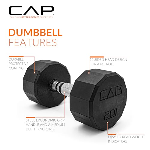 Image of CAP Rubber Coated Dumbbell Weights, Free Weights for Home Gym Strength Training, Anti-Roll Hex Dumbbells with Black, Chrome & Comfort Grip Handles, Singles