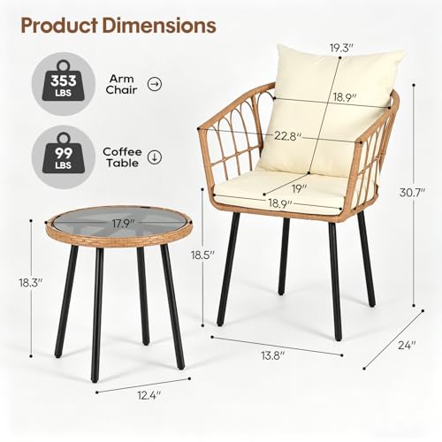 Image of PayLessHere 3 Piece Patio Bistro Set, Outdoor Wicker Apartment Balcony Furniture Sets, All-Weather Rattan Balcony Furniture Set for Patio Front Porch Apartment, Beige