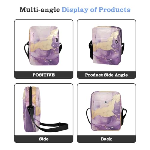 Crossbody Bag Purple White Gold Marble Messenger Bag for Women Men Purse Shoulder Bag Satchel Bag with Adjustable Strap 214B01114