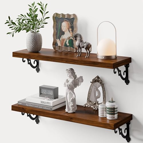 Teneyu Solid Wood Floating Shelves for Wall with Metal Brackets, 24 Inch