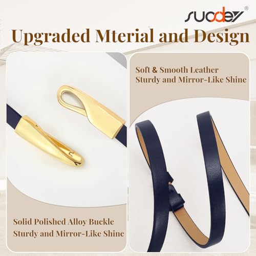 SUOSDEY Skinny Leather Belt with Gold Buckle, Thin Waist Belt for Dresses Jeans Coats Adjustable Belt, 0.43” width4