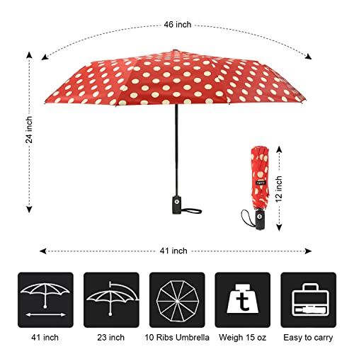 Agaric Uv Protection Large Travel Umbrella, 46” Cute Polka Dots Auto Open Close Water-Resistant Folding Umbrella Windproof Compact (Red) #TOP1