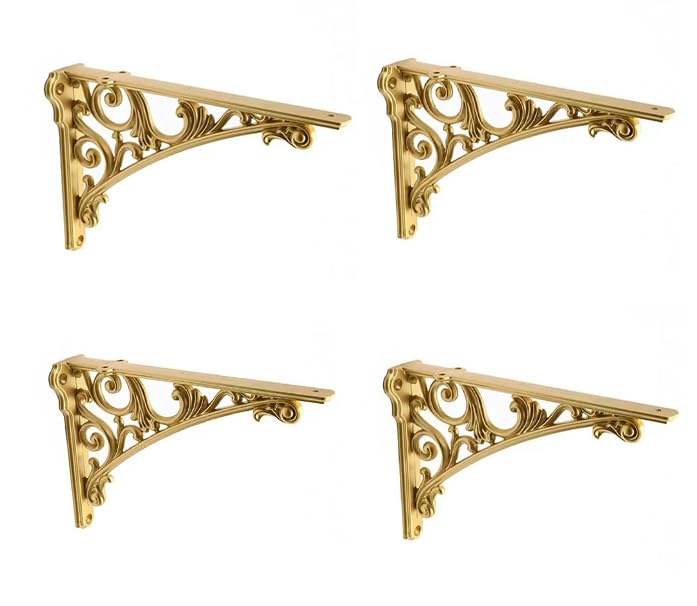 Decorative Shelf Bracket 12 inch Antique Gold Brackets for Shelving Solid Heavy Duty Vintage DIY Projects Hardware Included 4 Pack Heavy-Duty Shelf-Brackets
