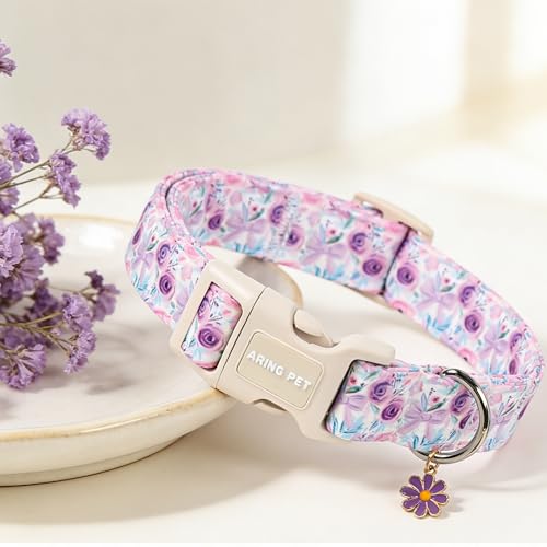 Image of ARING PET Girl Dog Collar for Puppy Small Medium Large Dogs-Purple Rose S | Cute Spring Summer Floral Pet Collars for XS S M L XL Girl Female Dogs, Soft Comfy Sturdy, Neighborhood Stroll Everyday Wear
