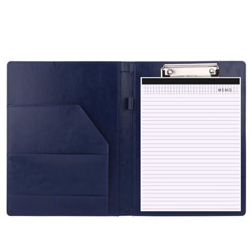 ファイル バインダー ノートカバー クリップボード バインダー A4フォルダー 二つ折り PUレザー シボ加工 メモ帳付属 ペンホルダーポケット付き 名刺入れ 多機能 契約書サイン専用 オフィス用品 (?版?+メモ,ブルー)