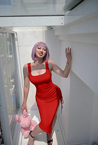 Gokatosau Women'S Summer Sexy Sleeveless Side Split Bodycon Ruched Midi Tank Dress Red thumb #6