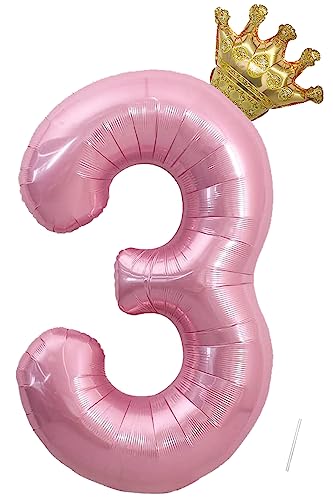 Foil balão número 3, VUCDXOP 101 cm, balão de aniversário rosa 3 com coroa, balões de hélio número 3, decoração 3 aniversários crianças, balões gigantes para festas, voam com hélio