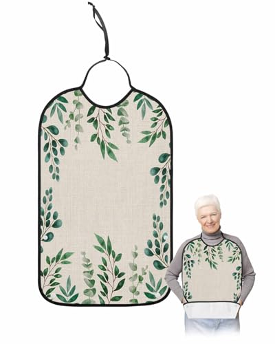LEOKOTI Green Botanical Adult Bibs for Eating, Waterproof Bibs with Food Catcher & Adjustable Snap Closure, Watercolor Eucalyptus Leaves Farmhouse Washable Clothing Protectors Adult Bibs for Elderly