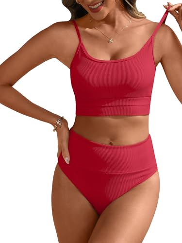 Image of ANRABESS Women's High Waisted Bikini Sets,Color Block 2 Piece Swimsuits,Tummy Control Bathing Suits,Thick Ribbed Beach Wear