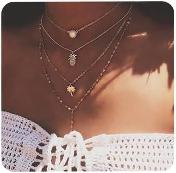 AnglacesmadeBohemia Layered Choker Necklace Palm Tree Necklace Pineapple Necklace Opal Choker Gem Pendants Necklace Summer Jewellery Gold Lariat Y Necklace for Women and Girls
