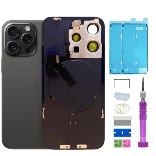 15 Pro Back Glass Replacement with Plate & Flex Cable and All Parts for iPhone 15pro Back Cover Glass (Black Titanium, 6.1 Inch) + Waterproof Tape + Repair Tools (Black Titanium)