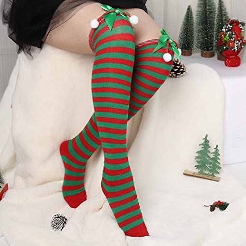 Image of Christmas Party Over Knee Socks Thigh High Stockings Leg Bow Hairball Thigh High Long Stockings for Women and Girls