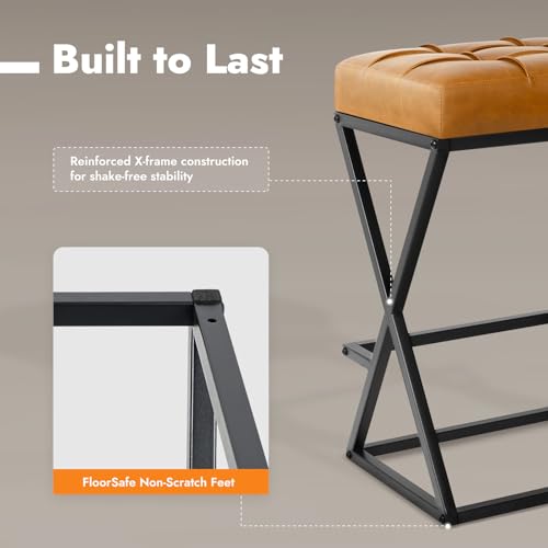 Image of Bar Stools Set of 4, 26 Inch Counter Height Stool Faux Leather Brown | Backless Counter Stools with X-Frame Metal Legs, 3.3 inch Upholstered Seat, Mid-Century Modern, for Kitchen Island, Home Bar
