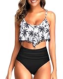 Tempt Me Women White Coco Tree Two Piece High Waisted Bikini Set Ruffle Swimsuit Flounce Pom Pom Trim Bathing Suit M