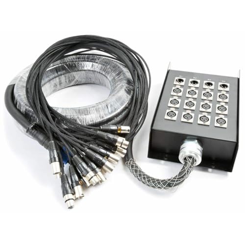 Power Dynamics Cable de audio manguera para escenario con 12 entradas XLR Hembra 4 Salidas XLR macho, cable flexible, cajetín metálico con conectores metálicos de calidad, longitud 15 Metros